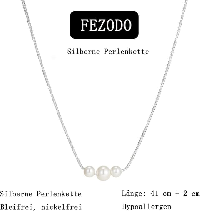 Detalle de Fezodo Damen-Perlenkette-Set (wasserfest) mit Perlenohringe & Perlenarmband