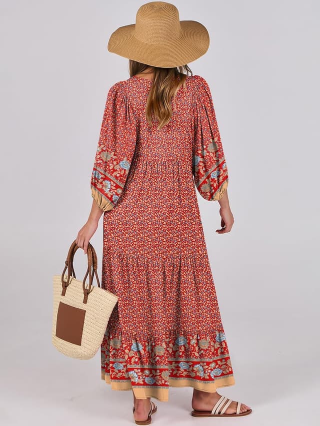 Detalle 1 de ANRABESS Boho Maxi Dress: Floral V-Neck Flowing Swing 🌺