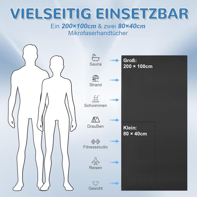 Detalle de Fosdaling Mikrofaser Handtuch-Set (3-teilig) in Dunkelgrau: 200×100 cm & 2× 80×40 cm