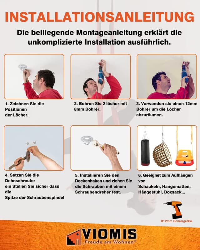 Detalle de Viomis Edelstahl Deckenhaken für Hängesessel bis 450 kg – 360° drehbare Deckenhalterung