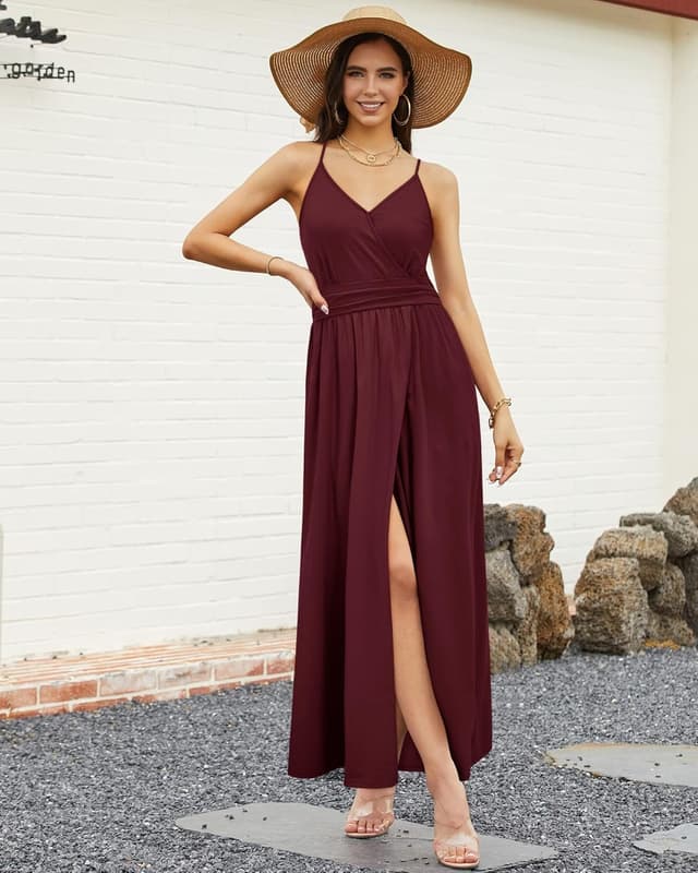 Detalle de Newshows Sommerkleid Damen Lang Maxikleid mit V-Ausschnitt, Spaghettiträgern & Schlitz