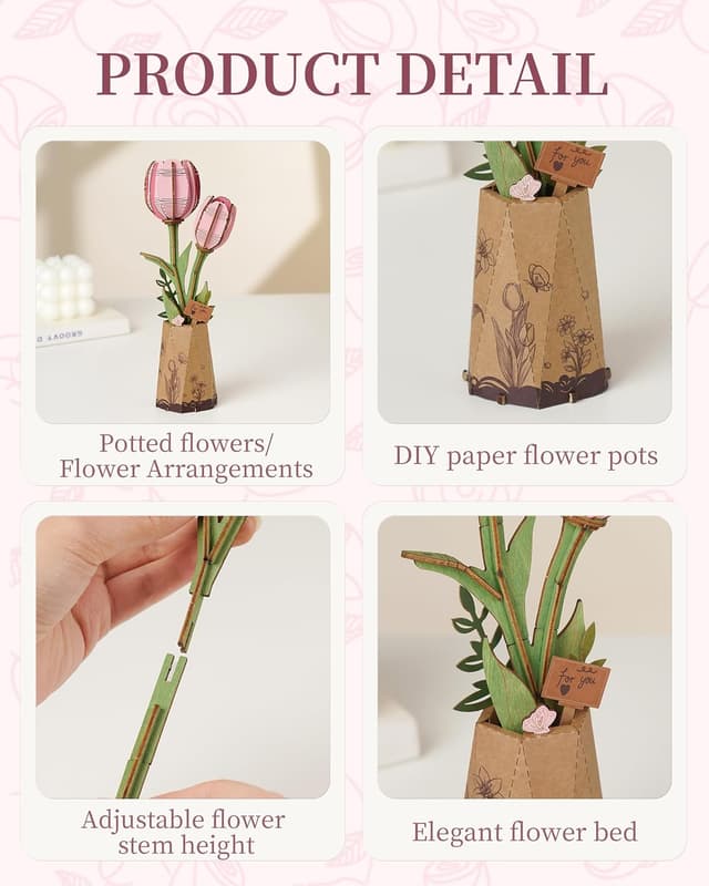 Thumbnail 1 de ROBOTIME Pink Tulip 3D Wooden Puzzle 1.5h