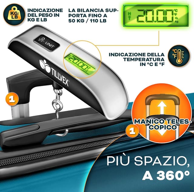 Detalle 2 de Set tillvex da viaggio con 3 valigie rigide ABS, bilancia per bagagli, ruote e serratura TSA (M-L-XL), turchese