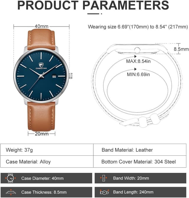 Detalle de CHEETAH Minimalistische Herren-Armbanduhr mit Analog-Quarz, 3 ATM und Lederarmband
