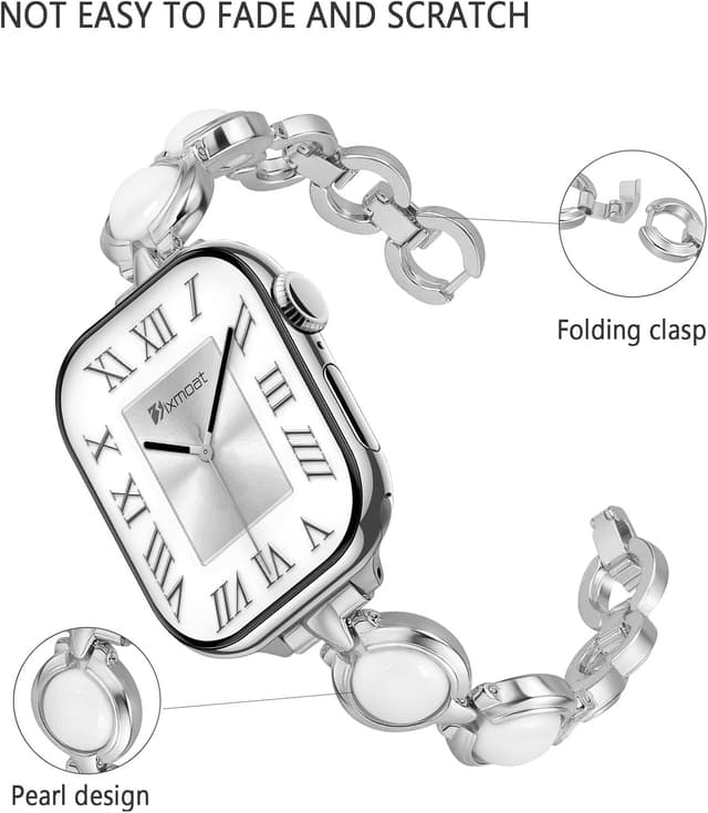 Detalle de Sixmoat Slim Strap (Silver) for Apple Watch 38mm–42mm – women’s dressy metal bracelet