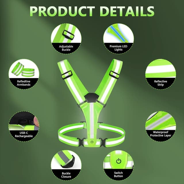 Detalle de Adiwo LED Reflective Running Vest with 8 Light Colours, USB-C Rechargeable