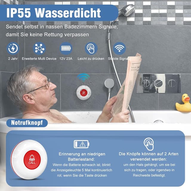 Detalle de ChunHee Notrufknopf für Senioren – kabelloser Funk-Alarm mit Empfänger für SOS-Pflegebedürftige