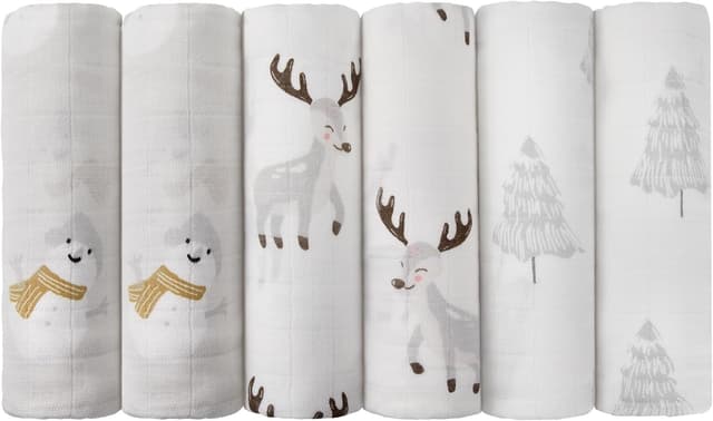 Detalle de Maliton Muslin Cloths for Baby (6-pack) 70x70cm cotton burp cloths – soft breathable muslins with snowman, reindeer & pine tree prints