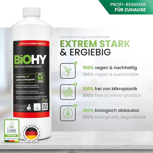 Detalle de BiOHY Sanitärreiniger Plus – Kalkentferner Konzentrat für Fliesen, Dusche & WC (1 l) mit EU Ecolabel