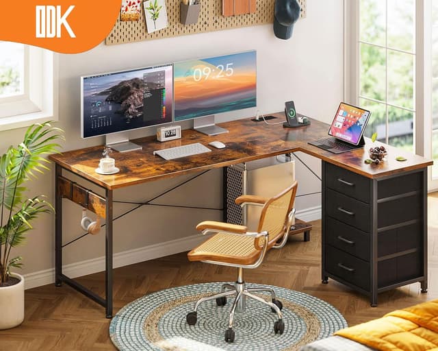 Thumbnail 6 de ODK Corner Desk with Drawers – Reversible L Shaped Computer Desk with Power Outlet, USB Charging and Host Stand, 135×100cm (Vintage Brown)