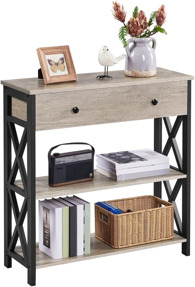 Detalle de Yaheetech Tavolo Consolle Vintage Mobile in MDF e Ferro con Ripiani e Cassetti, grigio (30 x 80 x 80 cm)