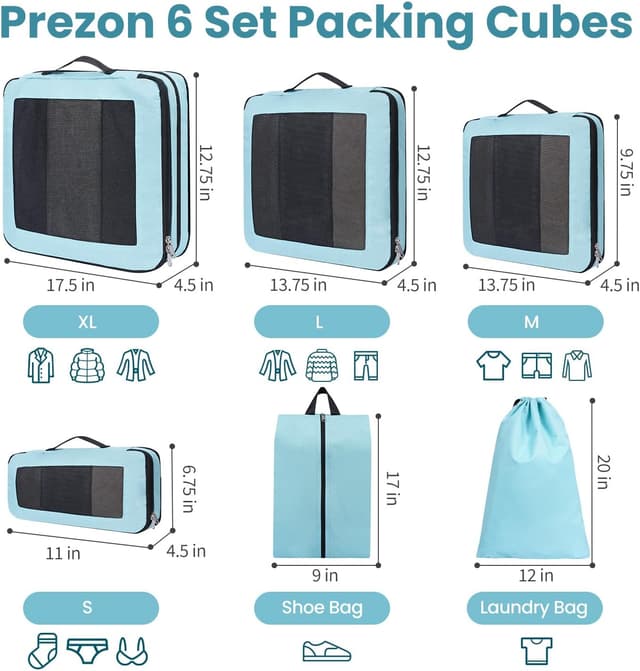 Detalle de Prezon Compression Packing Cubes for Carry-on Luggage (Full-open & mesh visible), 6-piece set with laundry and shoe bags