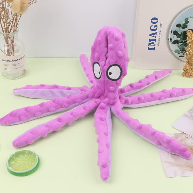 Detalle de RAYITO Octopus Dog Toys no-stuffing squeaky plush with crinkle paper (Purple)