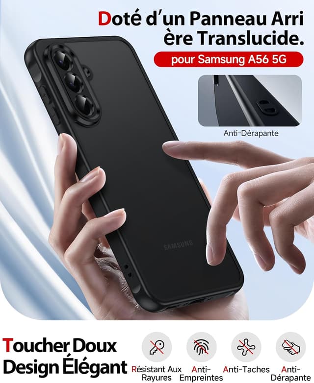 Detalle 2 de LeYi Coque pour Samsung Galaxy A56 / A56 5G avec 2 verres trempés 9H, protection caméra et écran, TPU/PC finition mate anti-traces – Noir