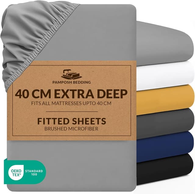 Detalle de Pamposh Double Fitted Sheet Extra Deep Pocket (40 cm / 16 inches) – Premium Brushed Microfibre, Hypoallergenic Fitted Bed Sheet