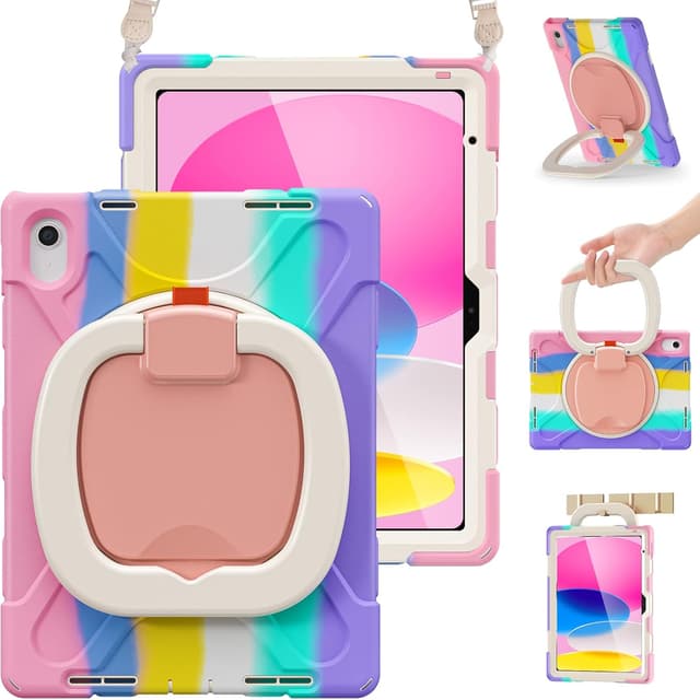 Detalle de BRAECN Kids Case for iPad (A16) 11th/10th Generation, Rugged Silicone Cover with Screen Protector, Kickstand & Strap (Pink)