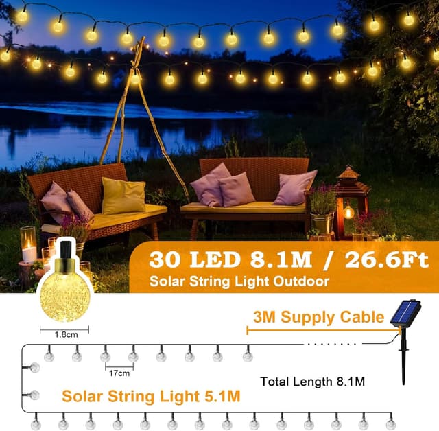 Detalle 2 de Realky Catena Luminosa Solare da Esterno 30 LED 8,1 m con 8 modalità e memoria, IP65