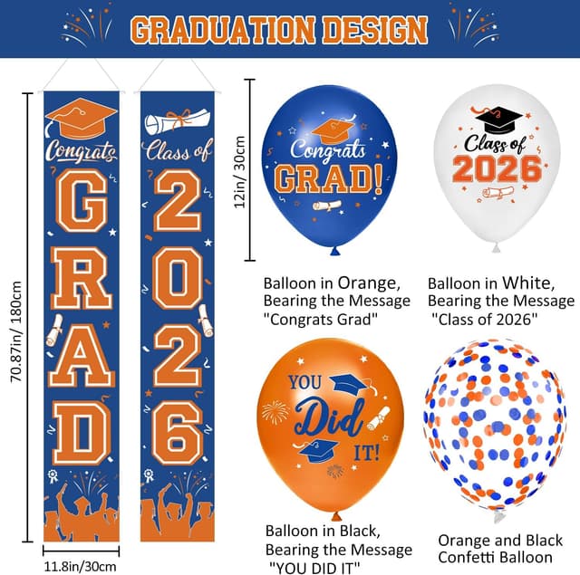 Detalle de Graduation Blue and Orange Decorations 2026 Set (Grad Backdrop, Banner, Swirls, Porch Sign, Foil & Latex Balloons)