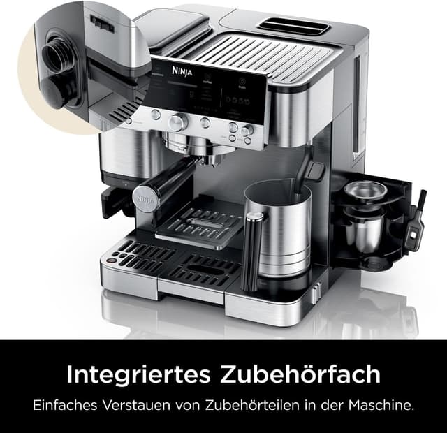 Detalle de Ninja Luxe Premier 3-in-1 Kaffeemaschine mit Mahlwerk und Aufschäumer (ES601EU) – Latte, Cappuccino, Cold Brew & Espresso