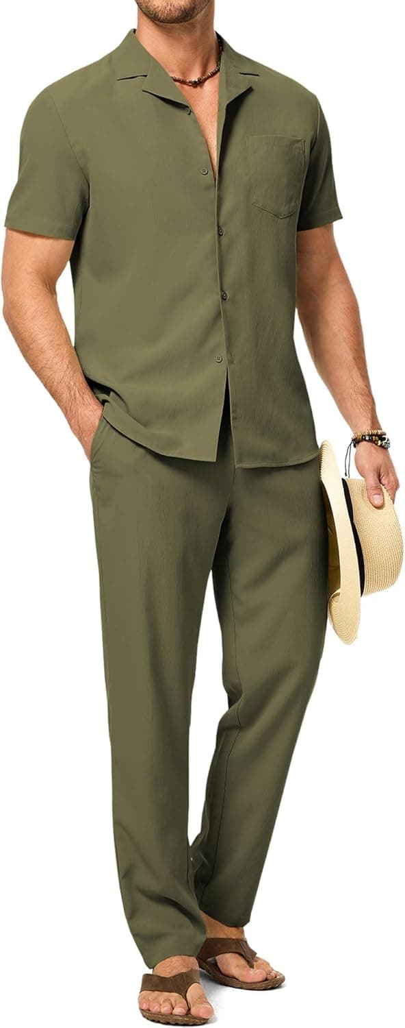 Detalle de JMIERR Men Texture 2-Piece Outfit: Short Sleeve Cuban-Collar Button-Down & Drawstring Beach Pants Set