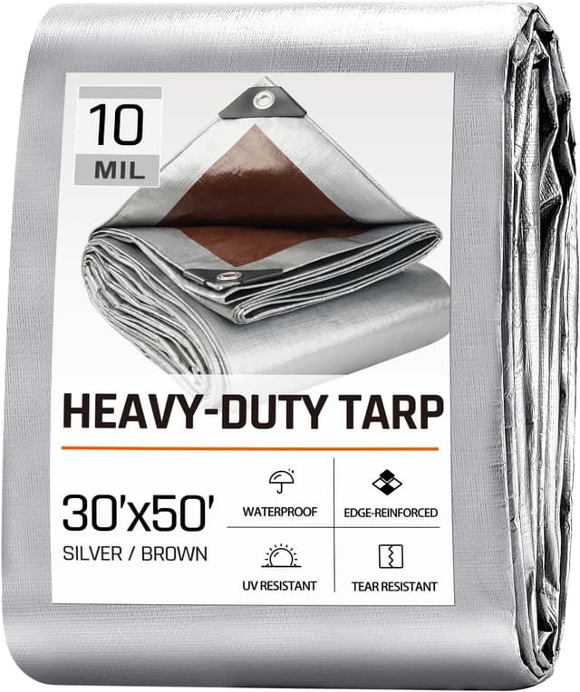 Detalle de 30 x 50 ft Waterproof Heavy-Duty Tarp (10 Mil) – PE Plastic Insulated Cover with Rust-Proof Grommets, Silver/Brown