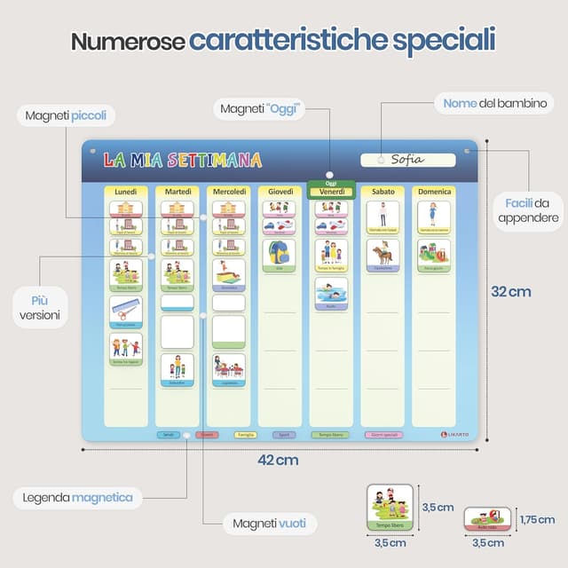 Detalle 2 de LIKARTO Calendario settimanale magnetico per bambini con 198 magneti 🧩