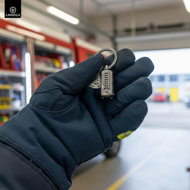 Detalle 2 de LANOLU Schlüsselanhänger Feuerwehrmann mit 3D-Feuerwehrauto und beidseitiger Gravur
