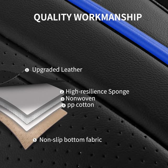 Detalle de HChengkikz Universal Car Seat Covers (5-Piece Set) — Breathable, Waterproof Faux Leather, Airbag-Compatible, Black + Blue