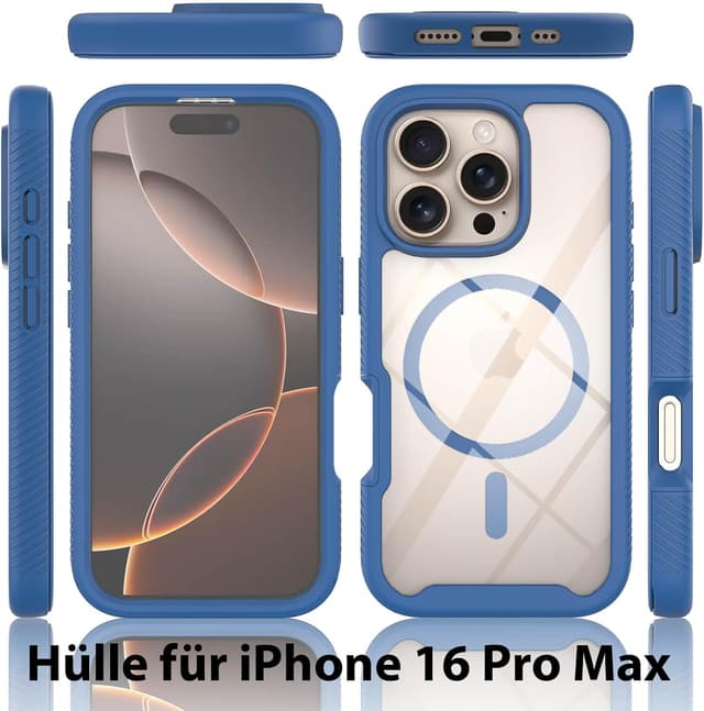 Detalle 2 de Leedia Handyhülle für iPhone 16 Pro Max (Magsafe), 360° Schutz mit integrierter Schutzfolie & Kameraschutz, blau