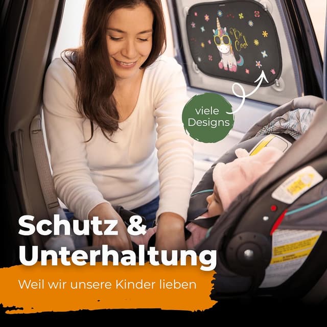 Detalle de CARAMAZ Sonnenschutz fürs Auto Baby „Einhorn“ mit zertifiziertem UV-Schutz, universell passend (2 Stück) – 48 x 30 cm