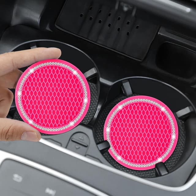 Detalle 2 de COCASES Car Coasters (4-Pack) 2.75" Silicone Rhinestone Cup Holder Coasters – Hot Pink & White Crystal Circle