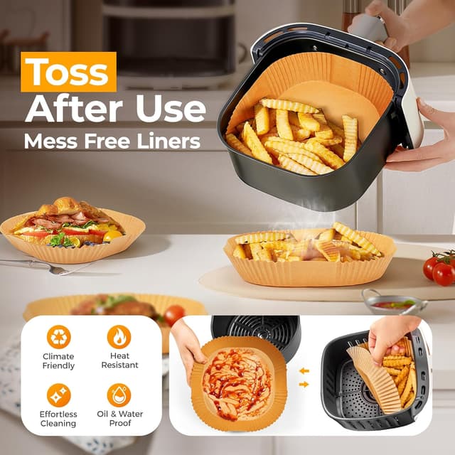 Detalle 2 de Air Fryer Paper Liners (200pcs) – 8" Square Disposable Parchment Liners for 5–8 qt Air Fryer Baskets
