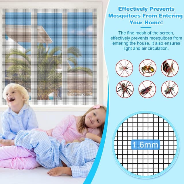 Detalle de BUZIFU Fliegengitter Meterware aus Fiberglas, 90 x 500 cm mit Fensterputzbürste – UV-beständig für Fenster & Türen (Schwarz)