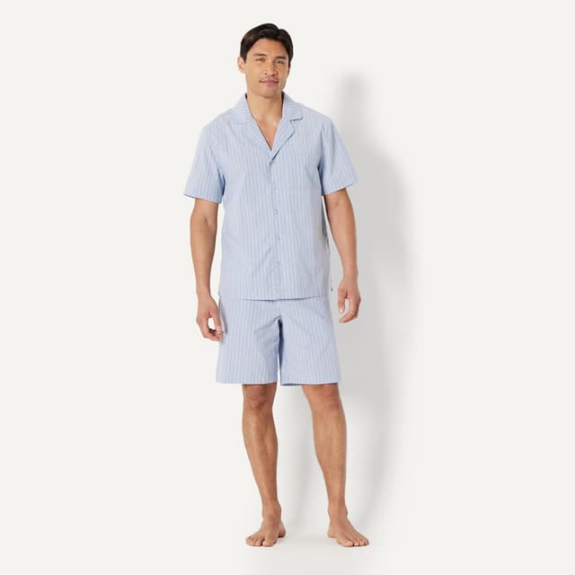 Detalle de Amazon Essentials Herren-Schlafanzug-Set aus Baumwoll-Popeline mit Kurzarmhemd und Shorts