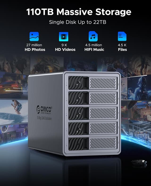 Detalle 2 de ORICO 9858U3 Aluminium 5-Bay-HDD-Dockingstation für 5× 3,5-Zoll-SATA (bis 22 TB je Laufwerk) mit USB 3.0