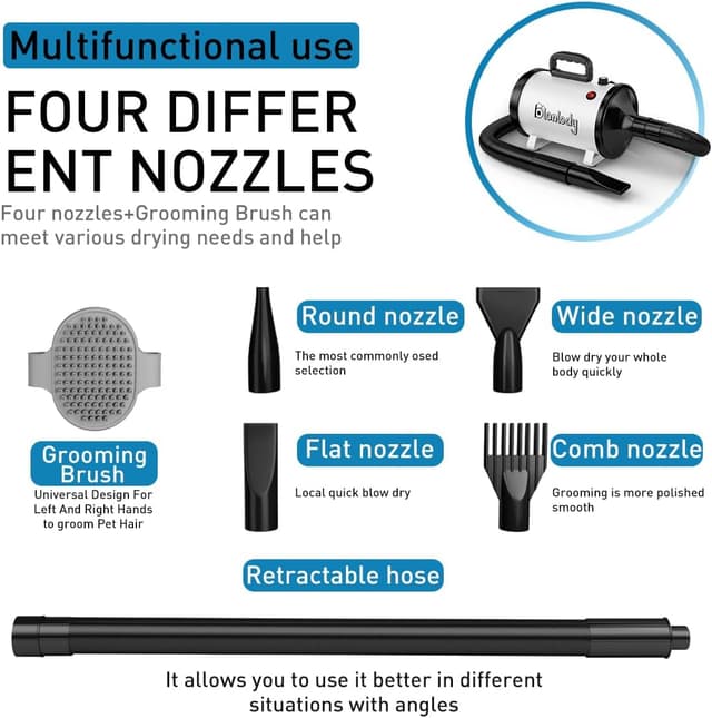 Detalle de Blanlody Dog Hair Dryer Blaster 3200W Pet Grooming Dryer with 4 Nozzles, Brush & Low-Noise Heat Settings