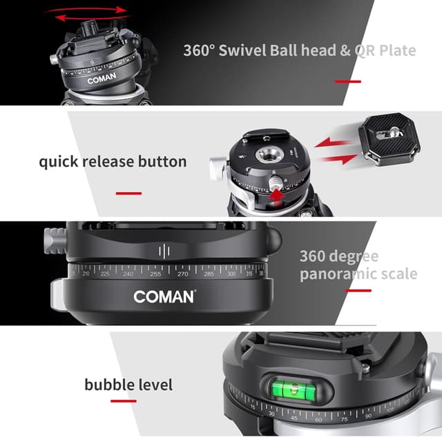 Detalle de COMAN Zero F38 treppiede in fibra di carbonio con testa a sfera panoramica 360° (video F38 per DSLR)