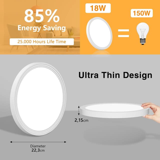 Detalle de Swoieltr LED-Deckenlampe flach rund 18 W, 3.000 K, 1.600 lm, IP44 (Ø 223 mm)