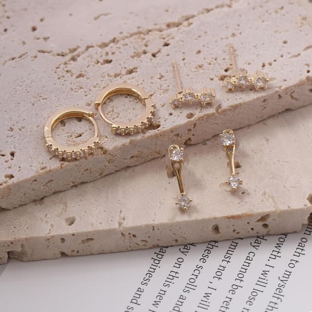 Detalle de BVLAGIDA – Set de 3 paires de boucles d’oreilles femme plaqué or 14 carats, créoles et clous zirconium (hypoallergéniques)