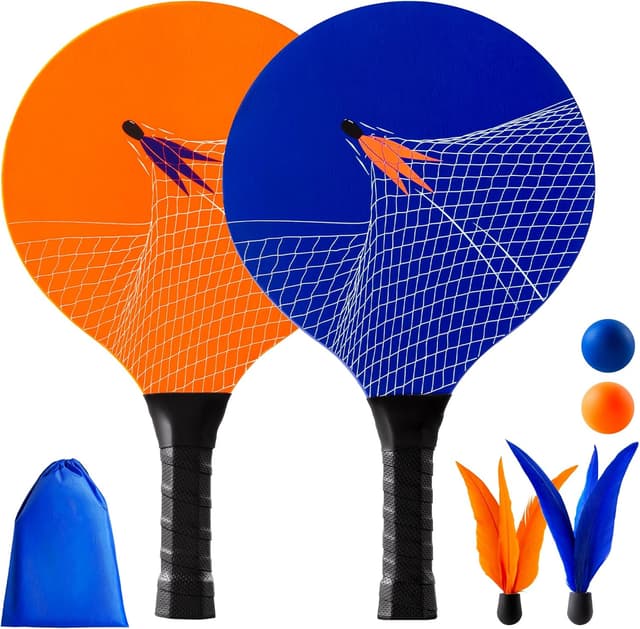 Detalle de U&C Planet Beachball Set Paddle-Ball Spiel mit Holzschlägern – Set für Strand & Garten