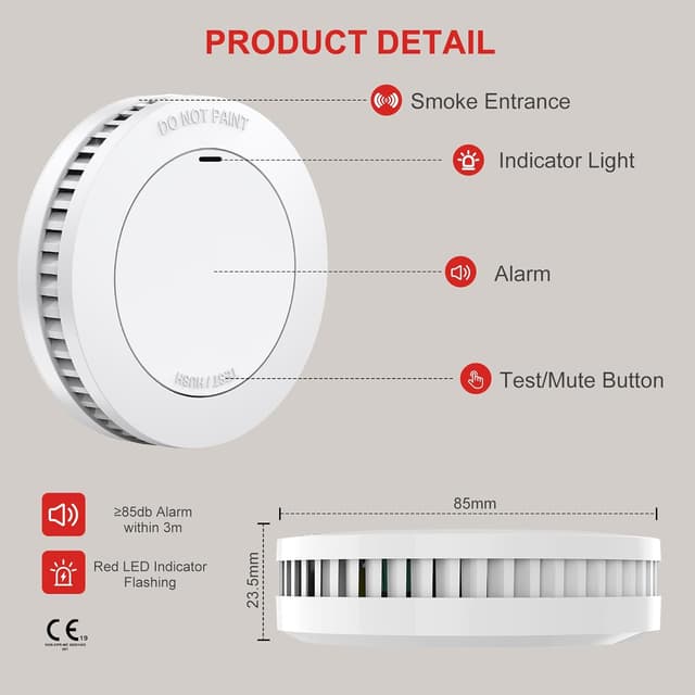 Detalle de Smoke Alarm for Home 10 Year Battery 3 Pack