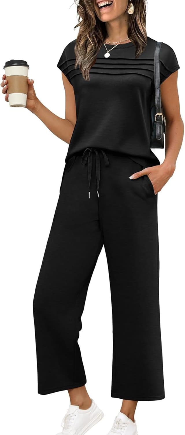 Thumbnail 6 de WIHOLL Two-Piece Lounge Set for Women (Cap Sleeve Top + Wide-Leg Crop Pants), S–3XL