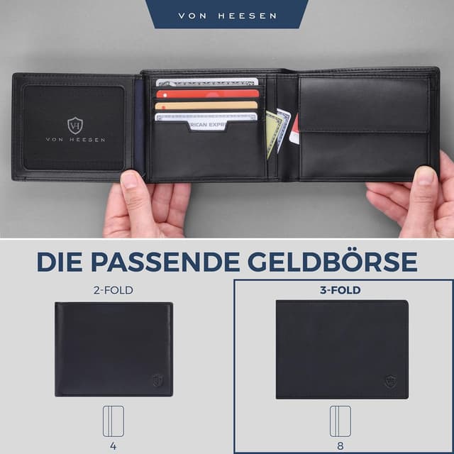 Detalle de VON HEESEN Leder-Geldbörse mit RFID-Schutz aus Echtleder (Schwarz, Glatt)