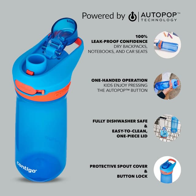 Detalle de Contigo Jessie Autopop kids water bottle (420 ml) | 100% leak-proof | Blue Poppy