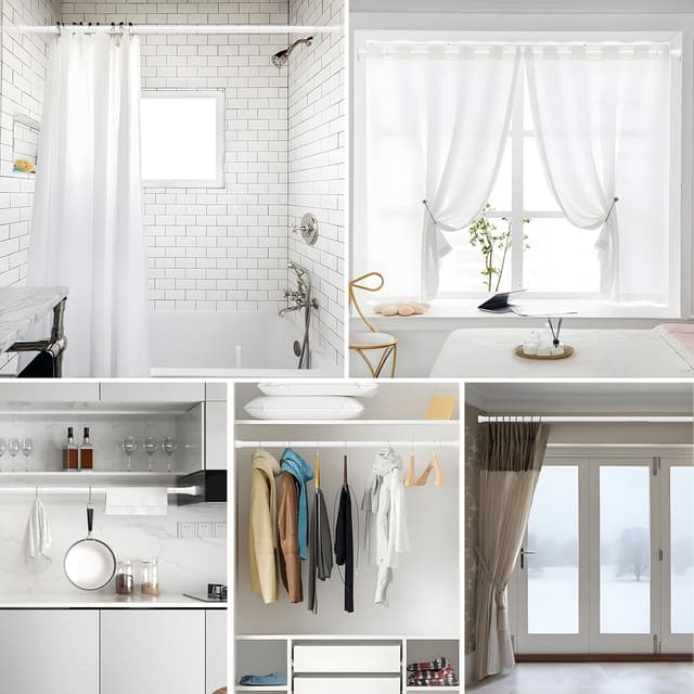 Thumbnail 6 de MEXAU Adjustable Shower Curtain Rod (45–77 inch) — White Tension Rod, No-Drill Fit