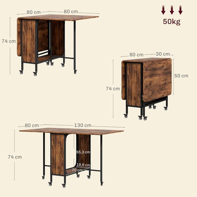 Detalle de HOMCOM table à manger pliante sur roulettes jusqu’à 6 personnes (130 x 80 x 74 cm), avec 2 abattants et étagère intégrée