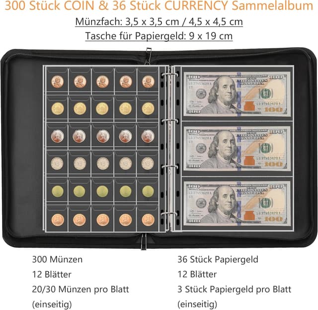 Detalle de Münzsammelbuchhalter für Sammler mit feuerfestem Münzsammelalbum (300 Taschen) & 36 Hülsen – für Münzen, Geldscheine und Zubehör