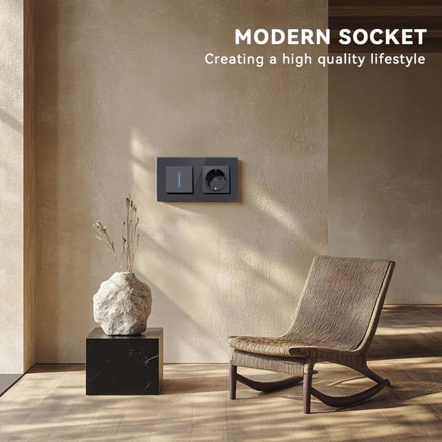 Detalle de BSEED Lichtschalter mit Steckdose aus Glas (Unterputz), NE-Serie, 1-fach Wechselschalter – Grau