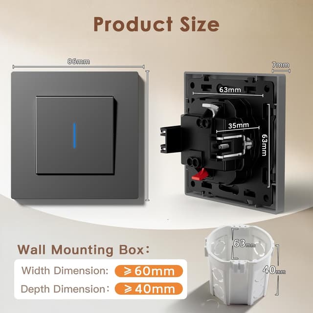 Detalle 2 de BSEED Interrupteur mural avec griffes et voyant lumineux, 86 x 86 mm, 1 gang 1 voie, gris