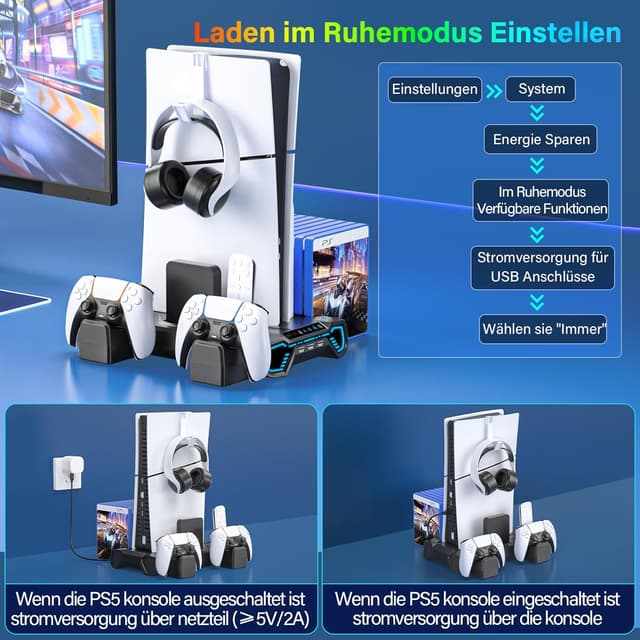 Thumbnail 6 de ZRZLMVP PS5/PS5 Slim/PS5 Pro Ständer mit Controller-Ladestation, Lüfter & 3-USB-Hub (RGB) – Schwarz